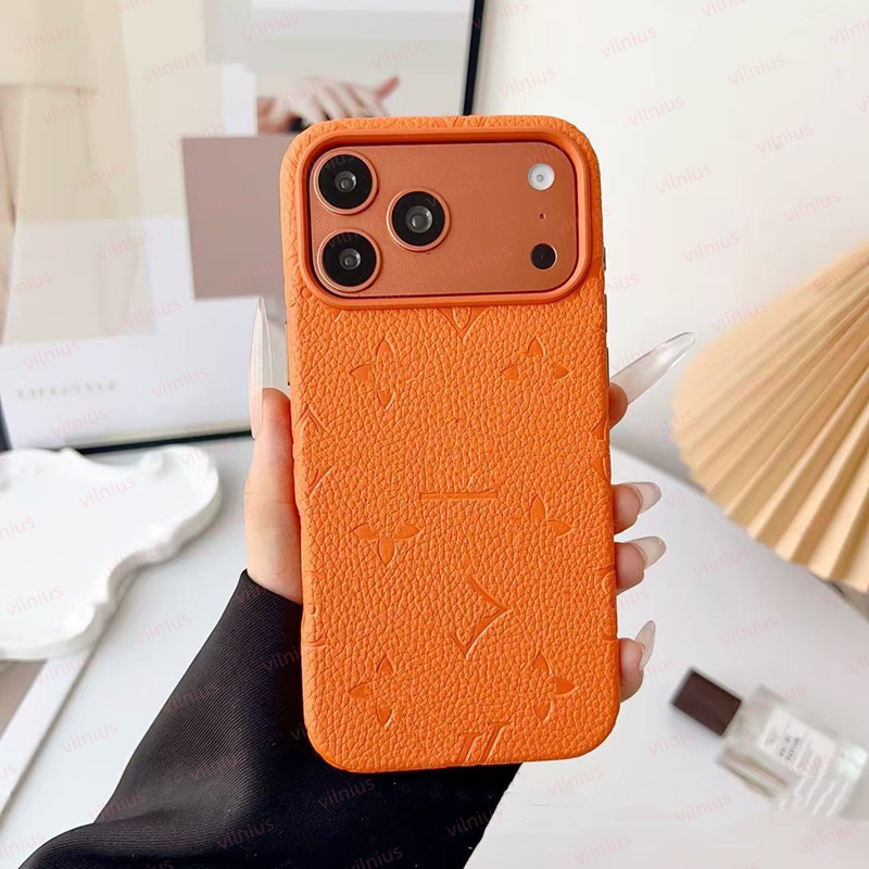 Personalized VVV Orange Designer iPhone Case for iPhone 17 Pro Max 16 Pro 15 14 13 12 ProMax Embossed Leather Phone Case for Women Men Gift Shockpro