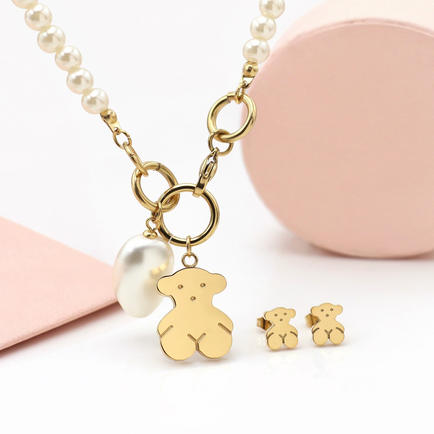 New Fashion Women Girls Silver Gold Stainless Steel Span Bear Cartoon Animal Blue Purple Pink Zircon Black White Shell Pendant Earrings Jewelry-image-1091387576