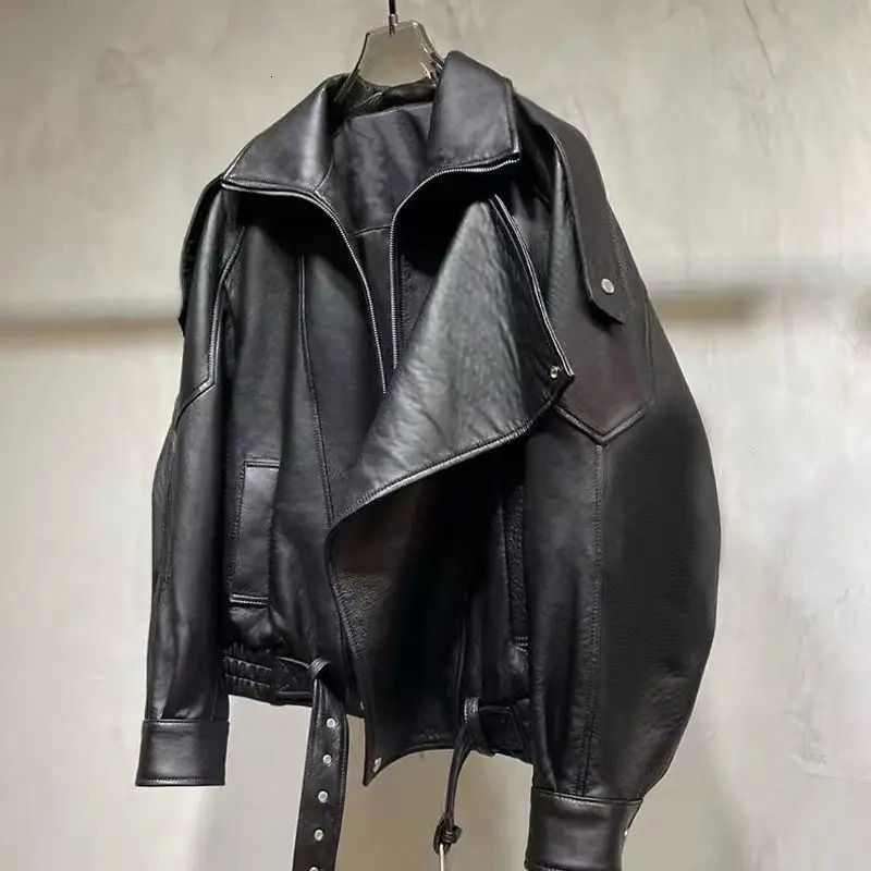 Veste en cuir de peau d'agneau surdimensionnée pour femmes, ample, Style moto, vêtements d'extérieur simples et haut de gamme, début d'automne, 2