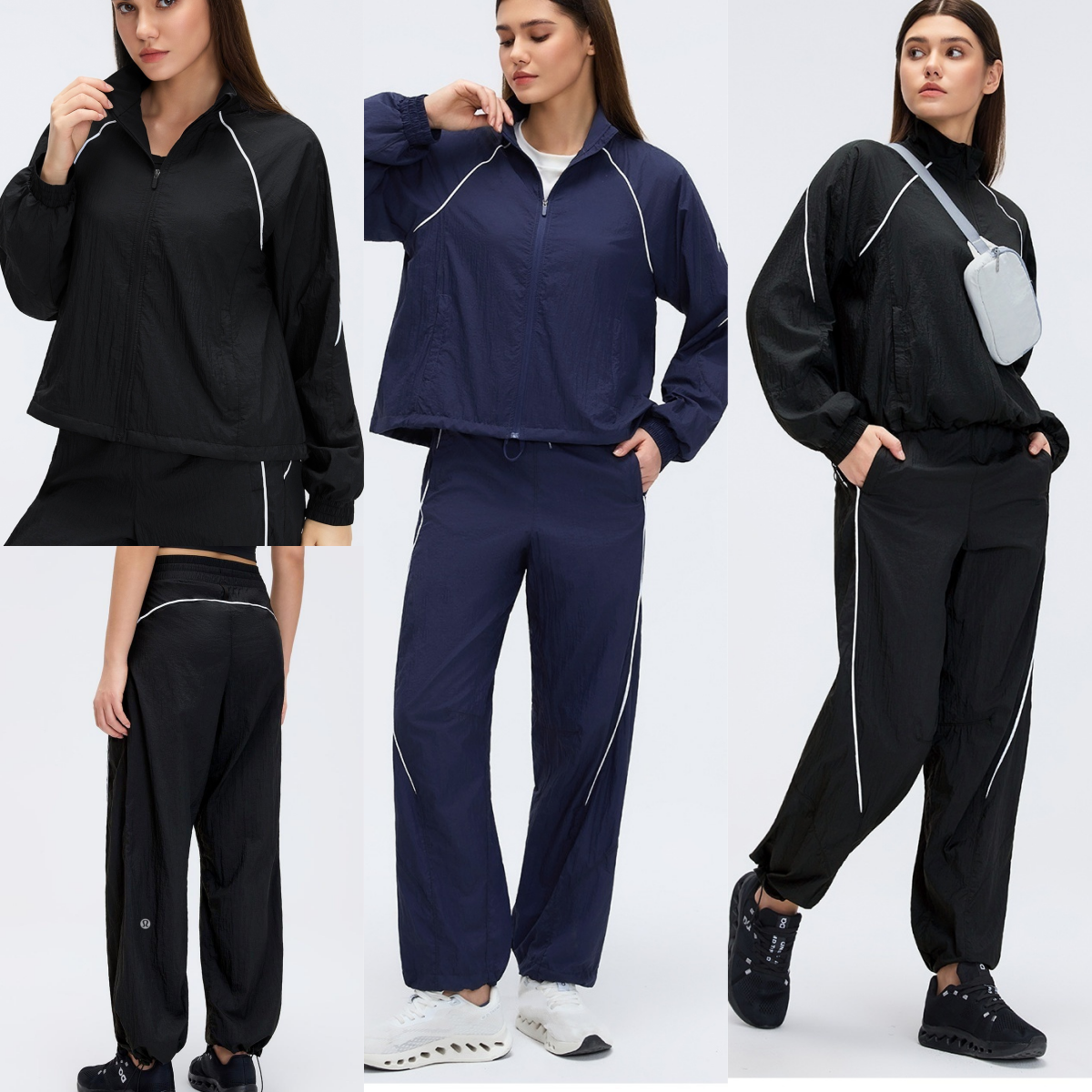 UU-L5709 Manteau de Fitness en plein air Anti-vent vitesse col sec veste coupe-vent pantalons de Sports de plein air pantalons droits contrastés