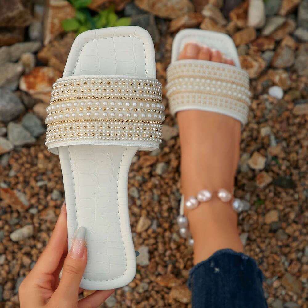 Plus Size Open-Toe Pearl Flat for Women Summer Fashion Square Toe Solid Color Thick Sole Slippers