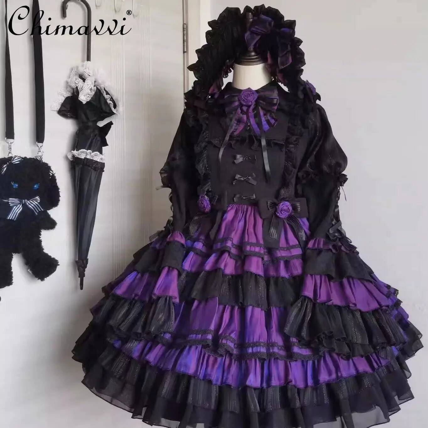 Bestseller Gothic Style Dark Girl Little Witch Black Purple Mid-Length Dress Cos Long Sleeve High Waist Elegant Lolita OP Dresses Women ddmytues