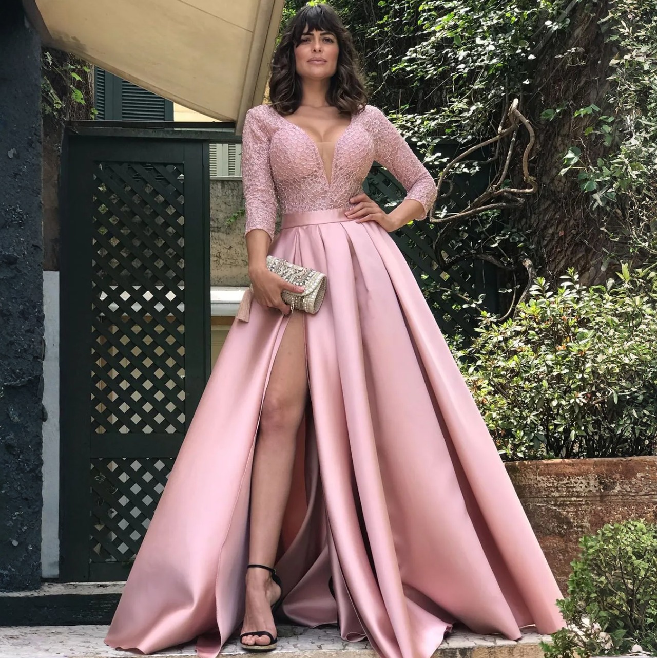 Nouvelle robe de soirée de demoiselle d'honneur rose, col en V, manches longues 3/4, sirène, longueur au sol, robe formelle pour femmes, marquage