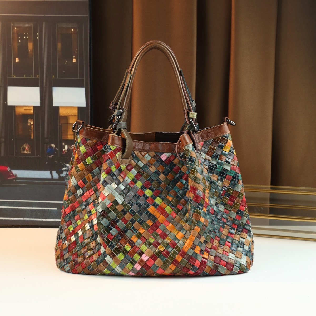 Designer high-quality vintage handmade woven colorful genuine leather shoulder bag, fashionable patchwork women's tote, classic large-capaci