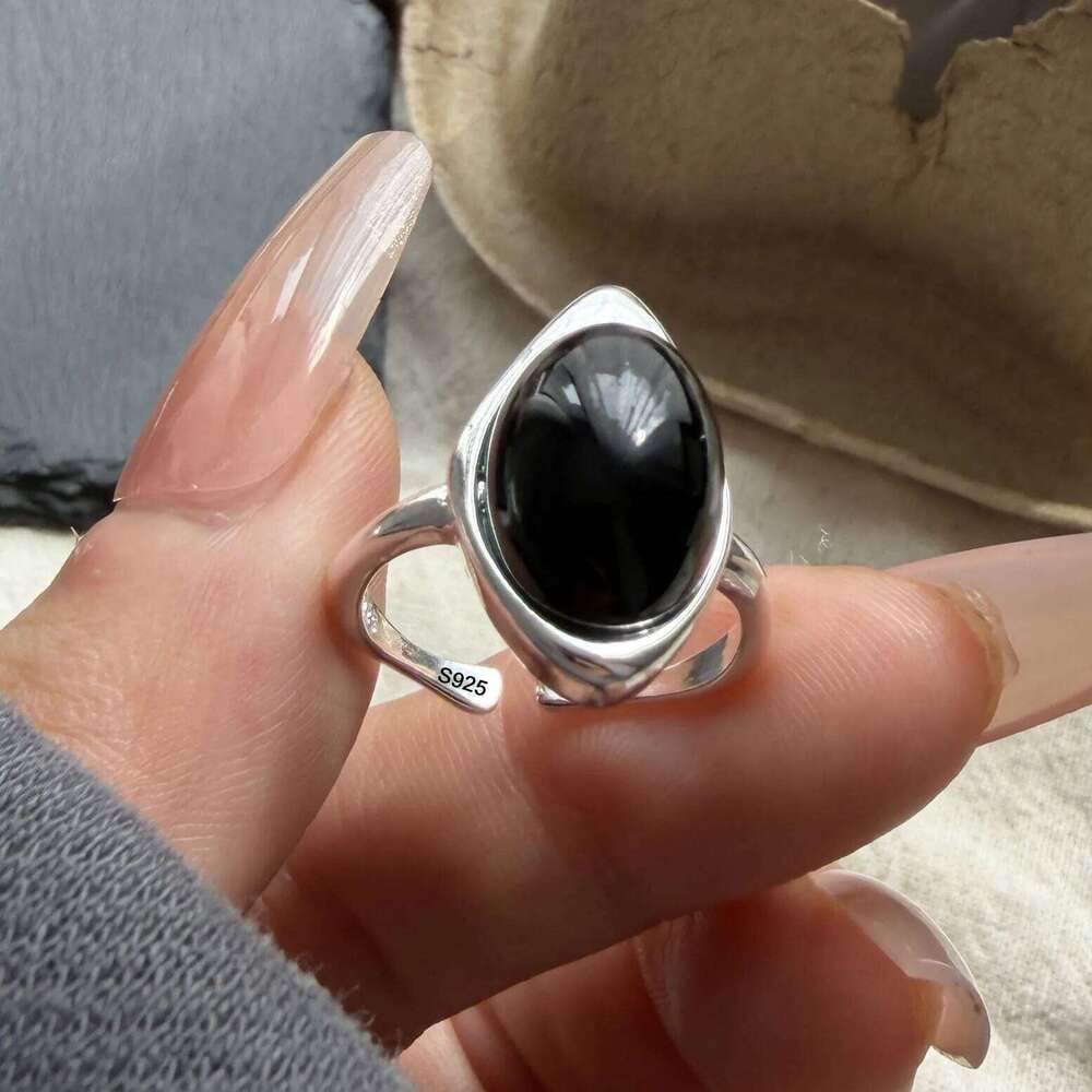 925 Sterling Silver Rings For Women Vintage Handmade Adjustable Black Stone Ring Fashion Female Bijoux Gift 333da