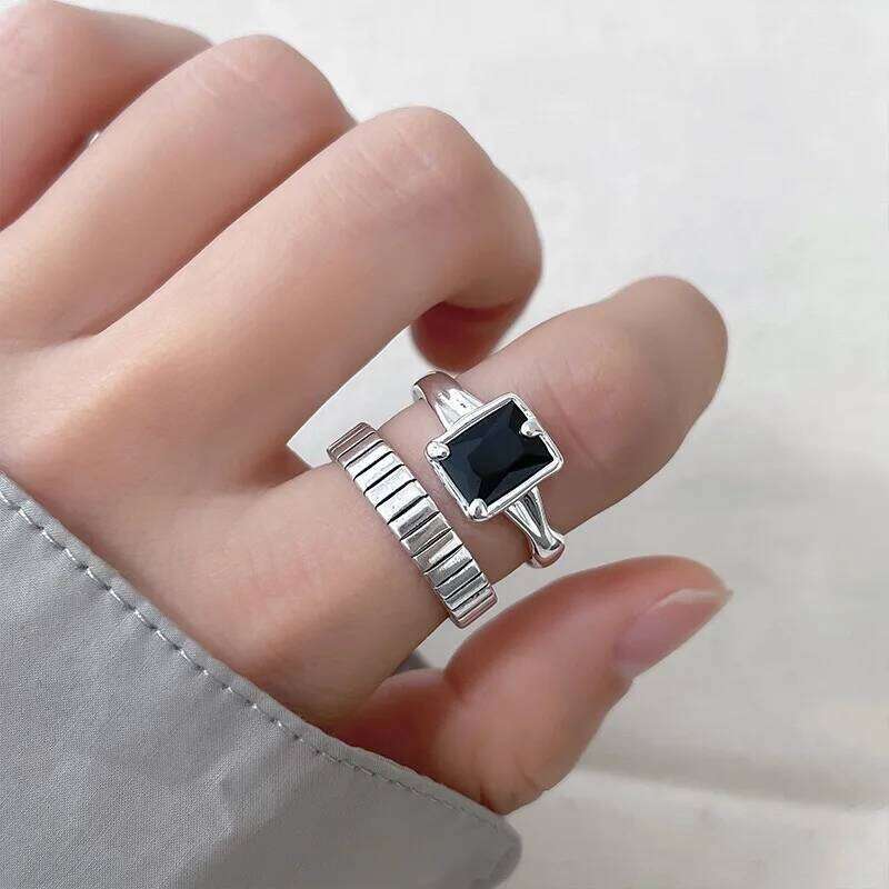 925 Sterling Silver Rings For Women Vintage Handmade Adjustable Black Stone Ring Fashion Band Female Bijoux Gift 8b8b4