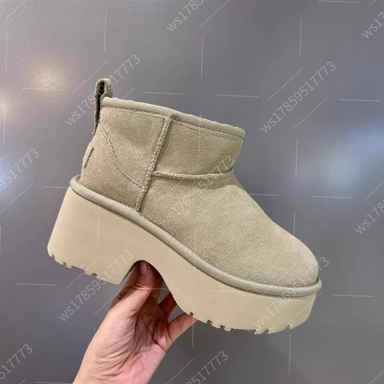 New Premium Sheepskin Integrated Winter for Women - Thick Soles with Hidden 3cm Heel, Fleece-Lined Northeast Snow Boots Short Style 125