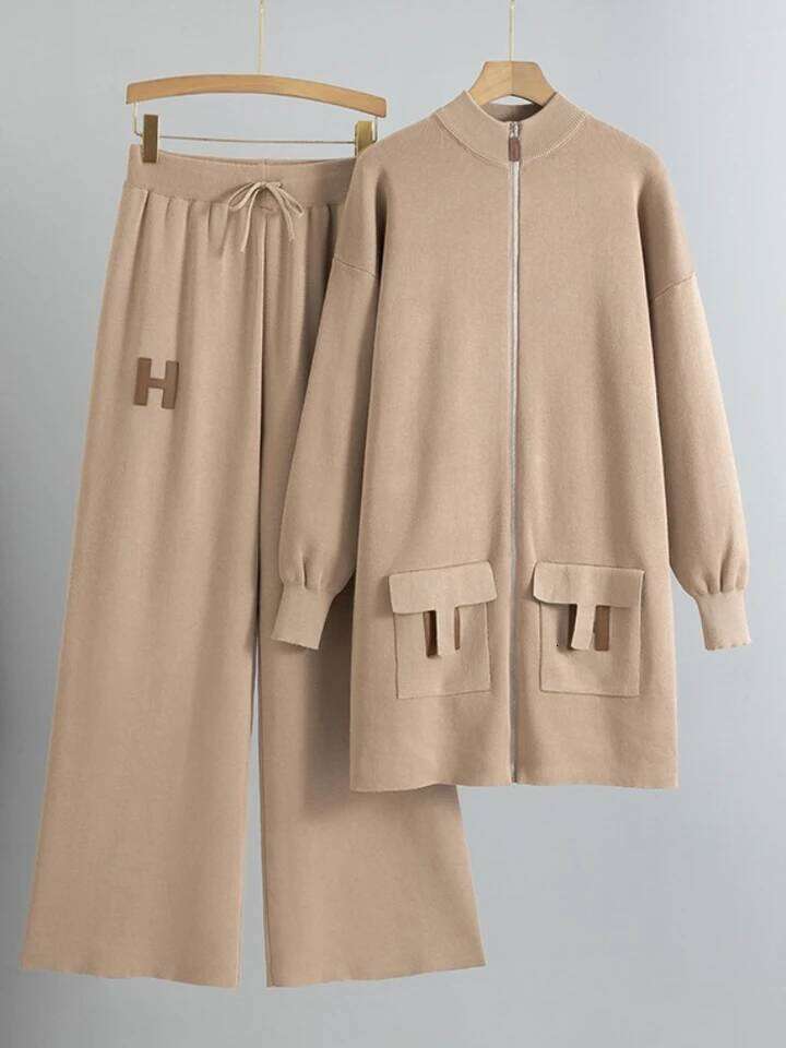 Costume de style européen et américain Designer Fashion Zipper Pull en tricot ample Haut long + Pantalon large à cordon de serrage Tempérament dé