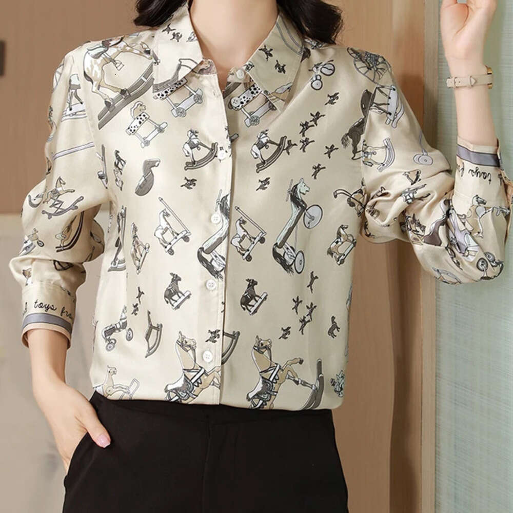 New DesignFrench Women Luxury Horse Print Casual Female Shirt Summer Long Sleeve Lapel Slim Elegant Office Lady Blouse Fashion Trend Shirts
