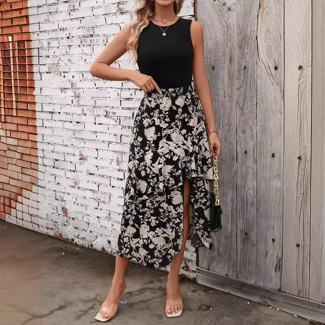 E59 – robe gilet tricotée à fleurs pour femmes, ourlet irrégulier