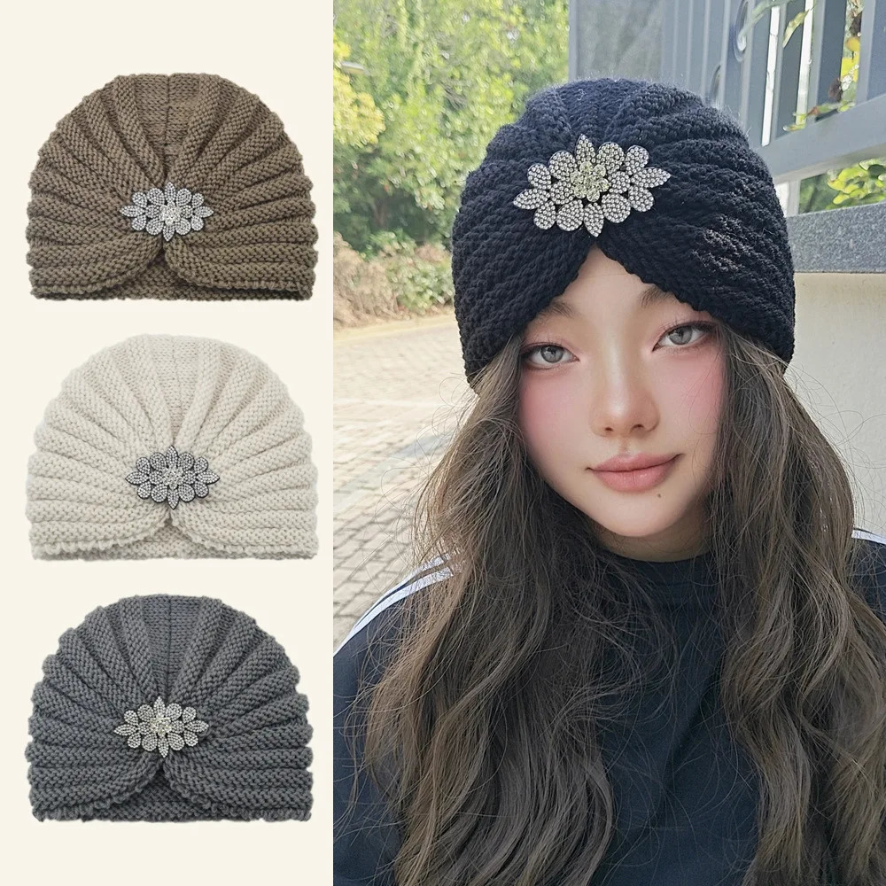 Diamond Knitted Turban Bonnet Cross Wrapped Hat Muslim Bohemia Warm Turbante Cap for Women Winter Autumn Hair Accessories 260106