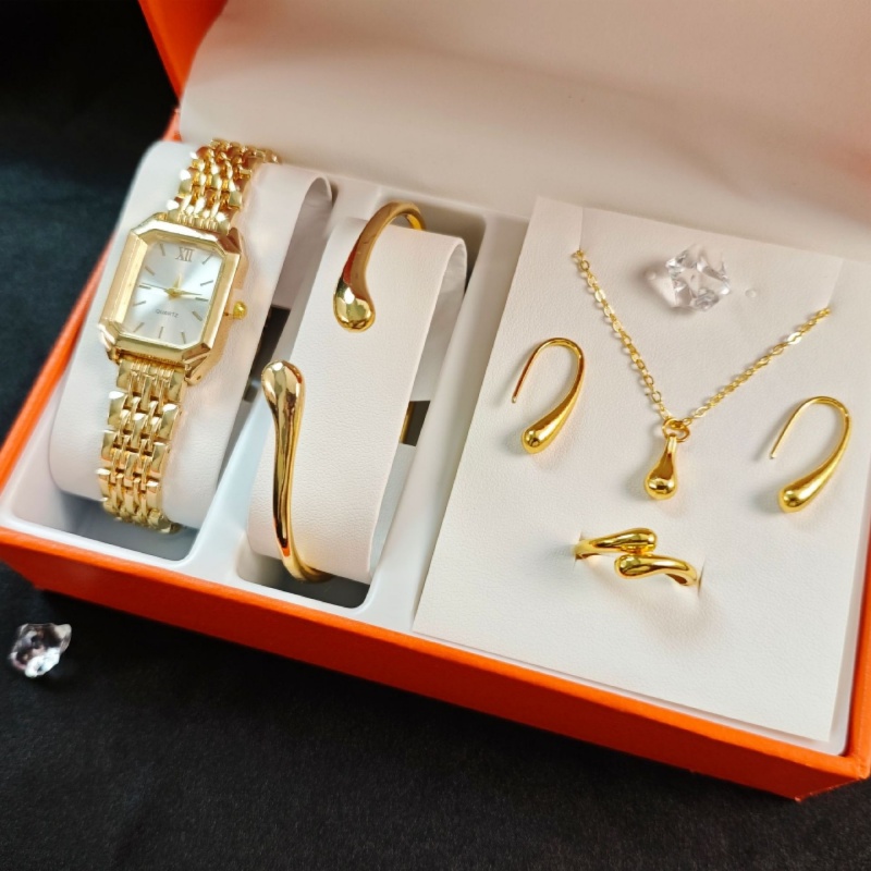 New trendy square women's quartz watch, fashionable steel band ladies' wristwatch, jewelry watch set.-image-1091471758