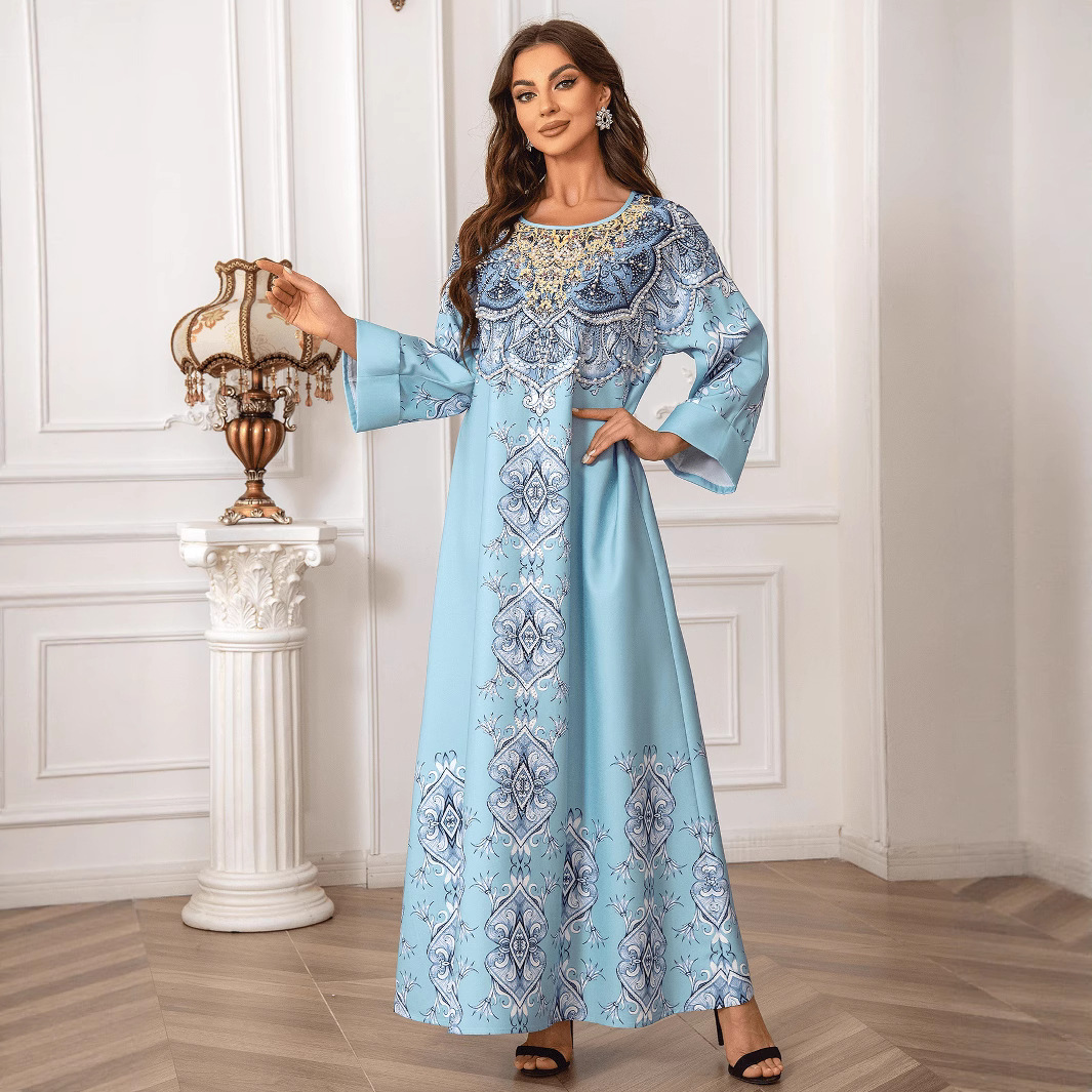 Robe perlée pour femmes, haute densité, impression de diamants chauds, combinaison élégante à col ras du cou, E115