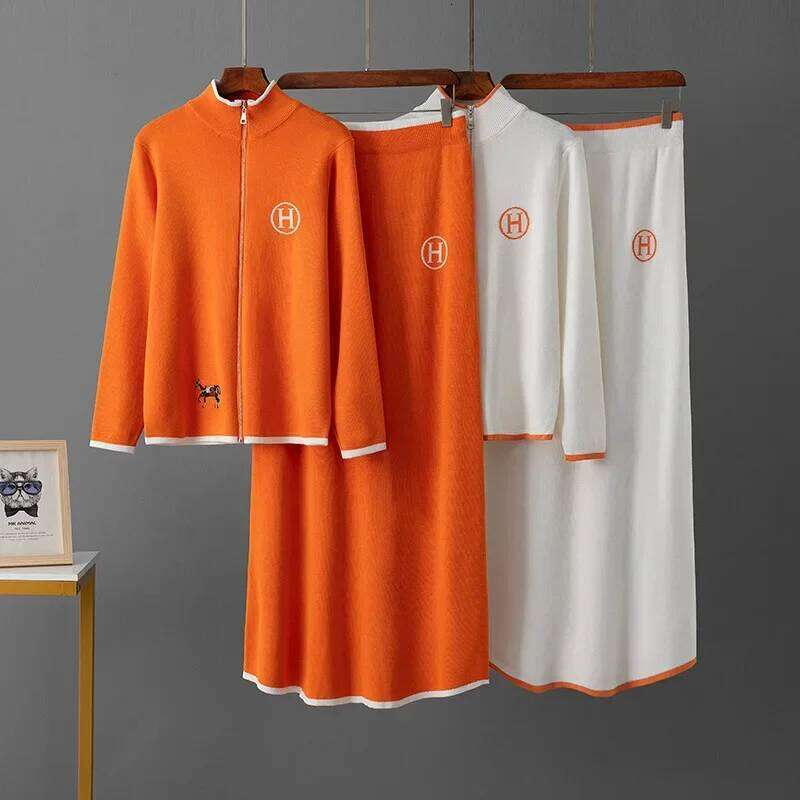 New DesignCreative Cross-Border New Product Long Sleeve Knitted Jacket Embroidered Contrast Color + Casual Knitted Short Skirt Two-Piece S