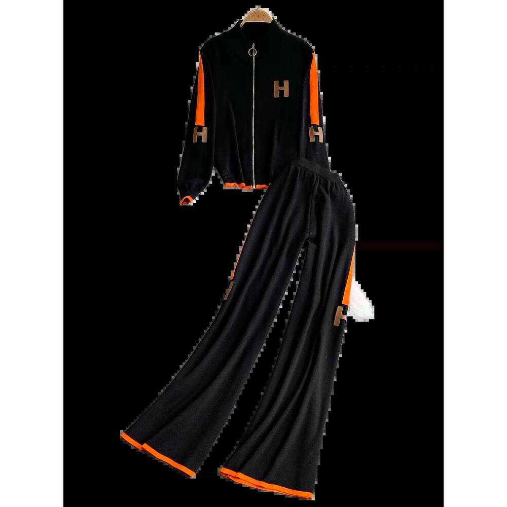 New DesignFaionable Sportswear Set Casual Zipper Collar Long Sve Knitted Jaet High Waist Slimming Wide Leg Pants Two-Piece Suit