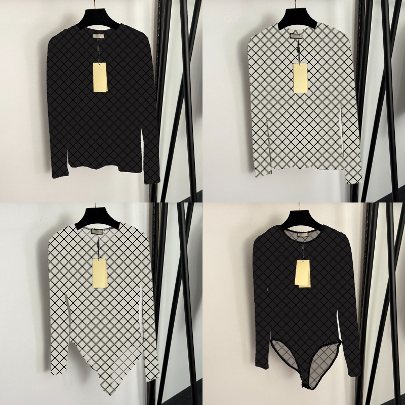 Women Sexy See Through Mesh Tops Designer Full Letter Jacquard Long Sleeve Tees Designer Luxury Rhinestone Slim Fit Bodysuit