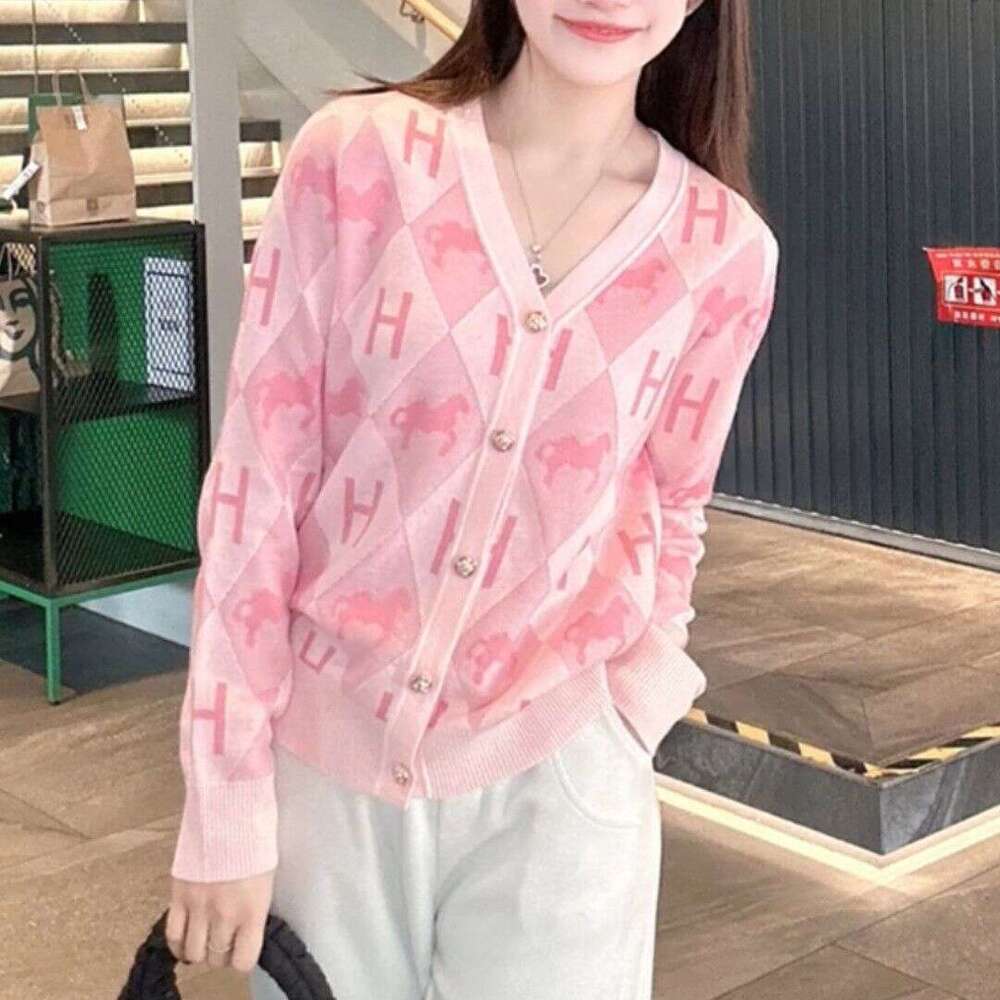 Autumn Winter Elegant New Letter Knitted Cardigan Sweater Age-Reducing Pink Versatile Jacquard Coat