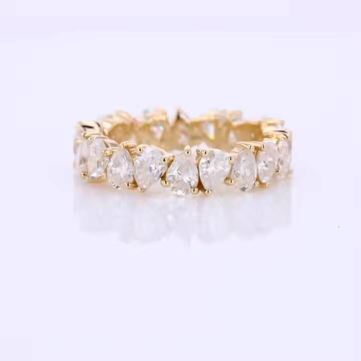 Custom Classic Moissanite Wedding 3g 14k Yellow Gold 3 Prong Full Setting D VVS Pear Cut 34mm Eternity Ring