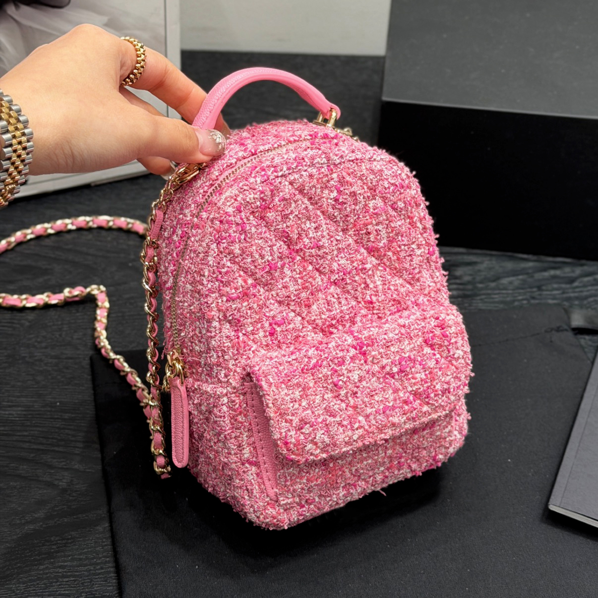 Women Fashion Mini Backpack Luxury Designer Tweed bag Cute little backpack for girls Lolita Style small Bookbag Shoulder Bags Young girl Mini Chain