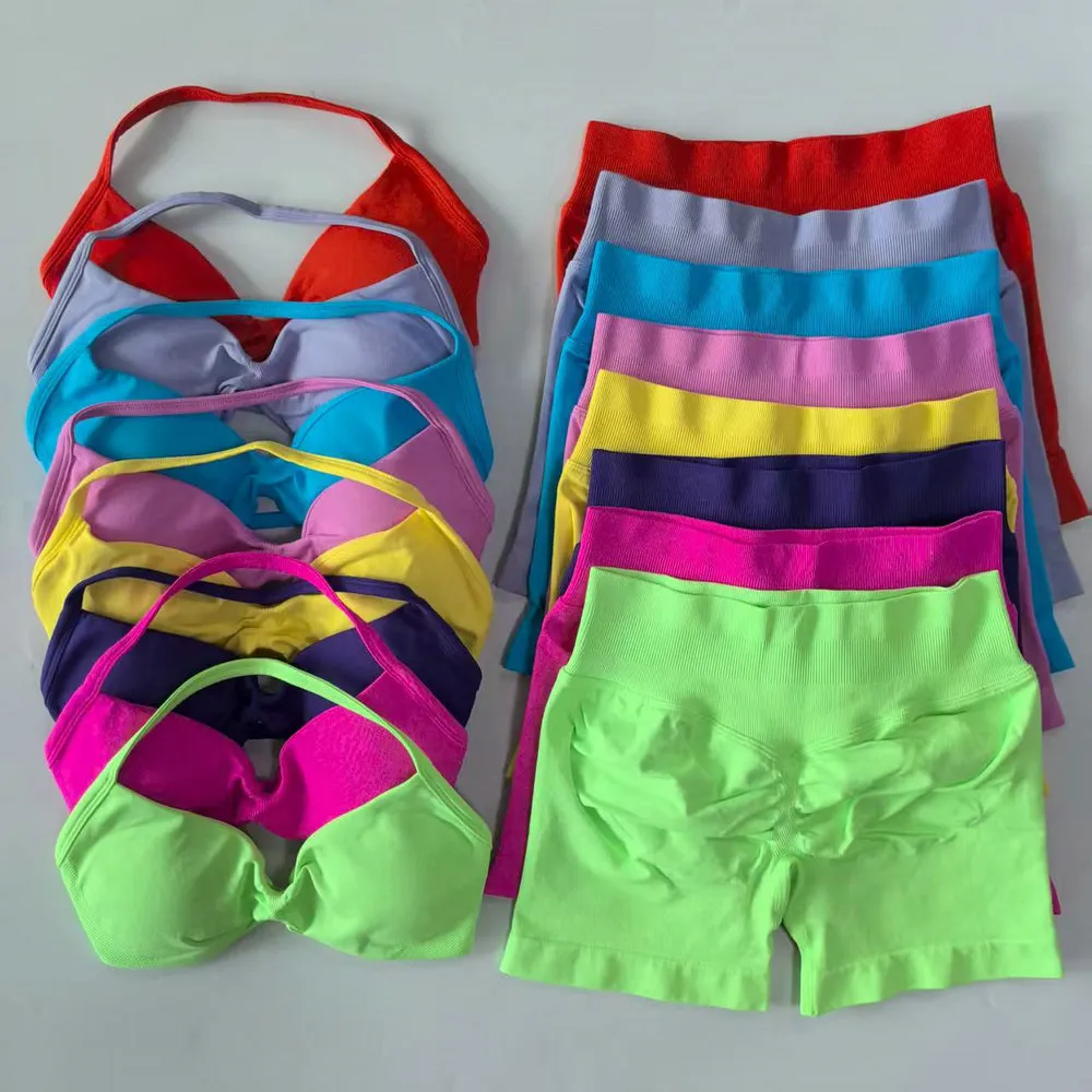 2pcs Yoga Set Workout Shorts Sets Strappy Halter Backless Sports Bra Seamless Scrunch Shorts Fitness Clothes Gym Suit-image-372156230