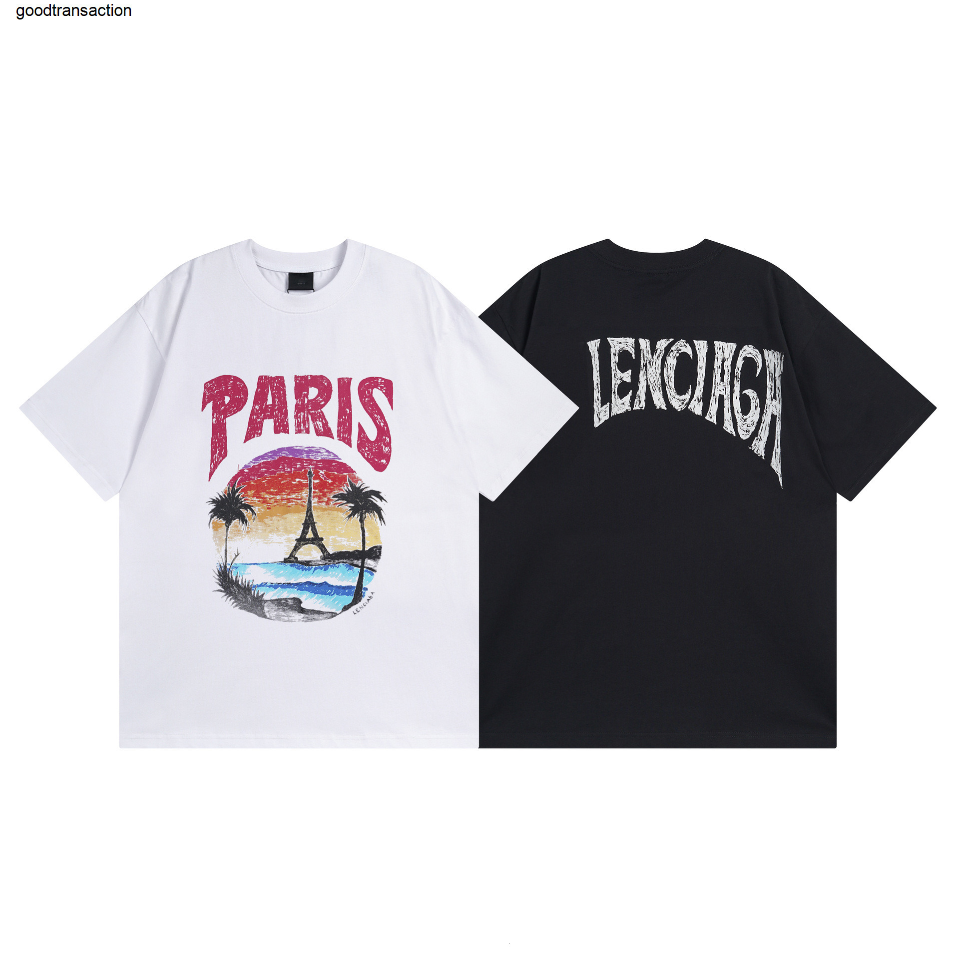 Top quality Designer clothes Paris High Version B Brand Spring Summer New Hawaiian Sunset Coconut Tree Eiffel Tower Pattern Printed Short Sleeve T-S