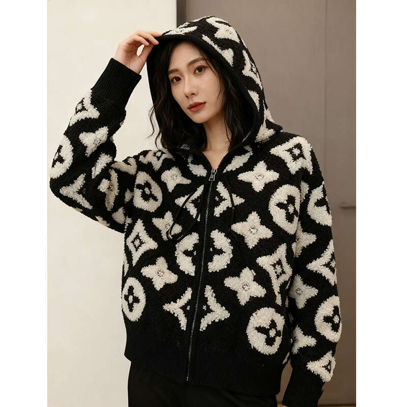 Free ShippingAutumn Winter Hooded Color-Block Diamond Jacquard Knitted Cardigan Top New Loose Casual Sweater Coat 2026 Designer Fashion For Women