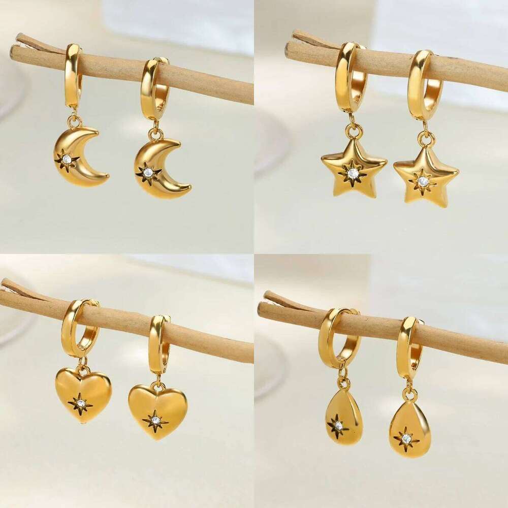 Zircon Star For Women Girls Gold Color Stainless Steel Water Drop Moon Earrings Wedding Jewelry christmas gifts c99bd