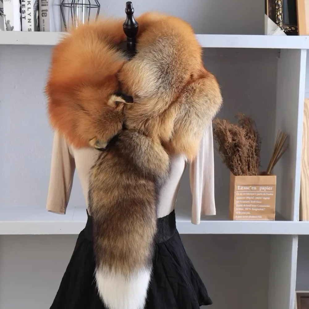 Party Scarves Natural OnePiece Collar Warm Soft Real Fox Fur Scarf Women Men Jackets Hood Shawl AA