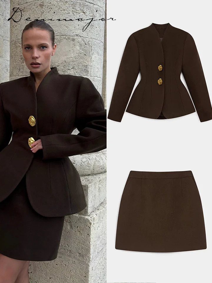 Brown Woolen Jacket Mini Skirt Sets Women Slim Waist Metal Button Long Sleeve Coat A-line Skirt 2025 Autumn 2 Pieces Outfits 260109