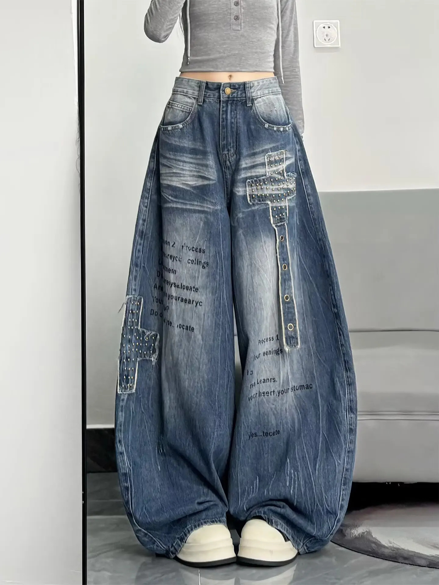 American high street floor embroidered denim retro womens autumn waisted loose wide leg pants Y2K straight 260113