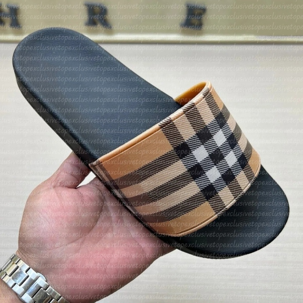 Designer Check Slides Vintage Printing Tartan Slippers Sliders Mens Furley Archive Summer Beige Print Embossed Logo Slide Dark Cerulean Blue Mangrov