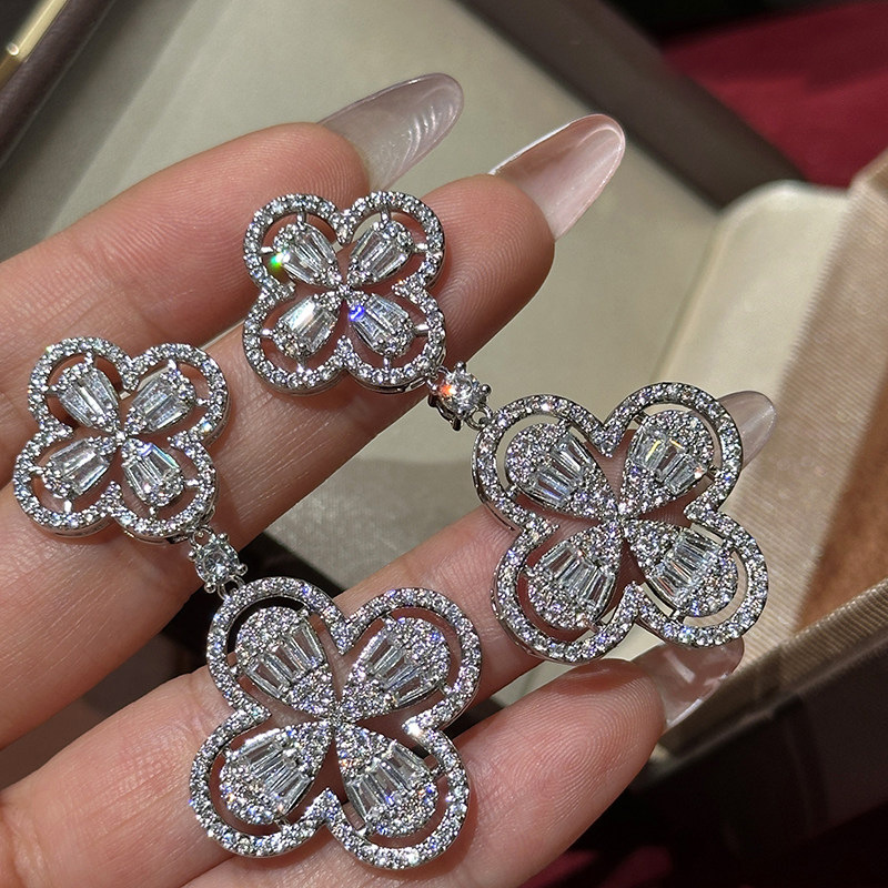 Silver Needle Zircon Hollow Flower Pendant Palace Style Niche Light Luxury High-end Earrings-image-1091738518