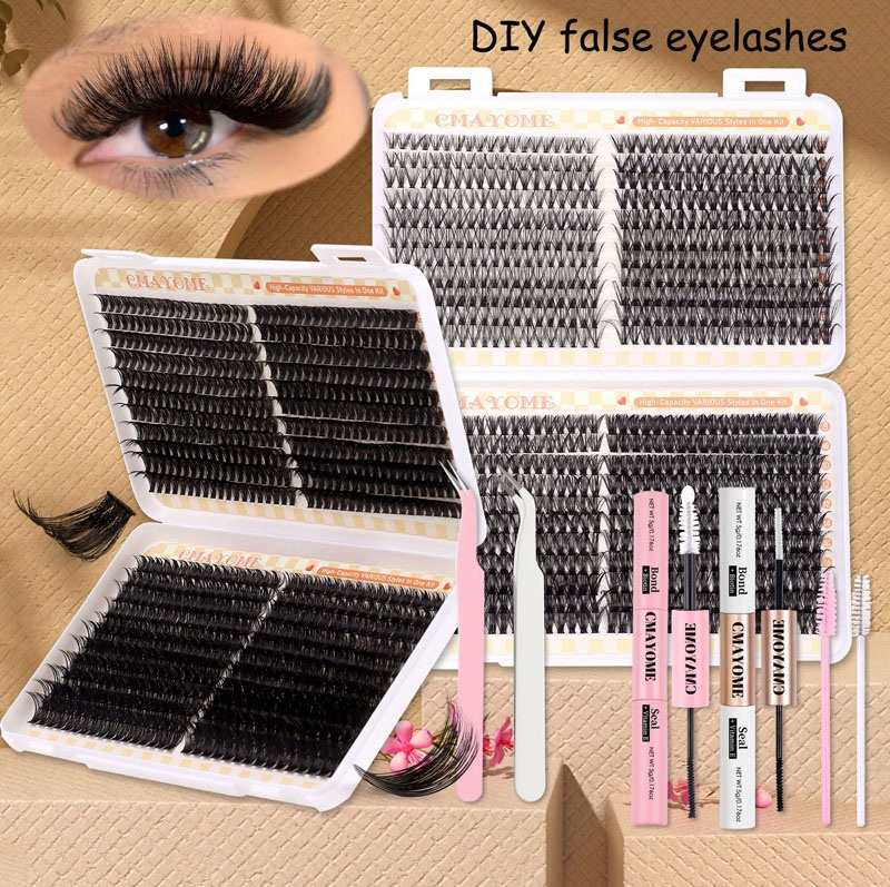 DIY Cluster Lashes Kit with Lash Adhesive 386Pcs Thick Fluffy Individual Eyelashes Soft Lightweight Multi-layer 3D DIY False Eyelashes Accessory-image-1091714028
