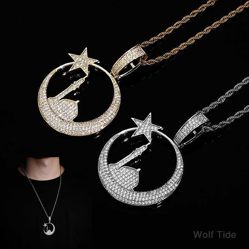 Star Lighthouse CZ Stone Pendant Necklace Hip Hop Mens Fashion Hip Hop Necklaces 14K White Gold Iced Out Diamond Cubic Zirconia Rock Crystal Collier