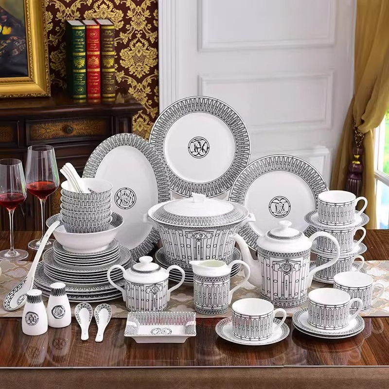 Black Line Series European Ceramic Steak Plate Household Vegetable Plate Western Food Plate Coffee Cup Saucer Dim Sum Fruit Table Decorative Plate