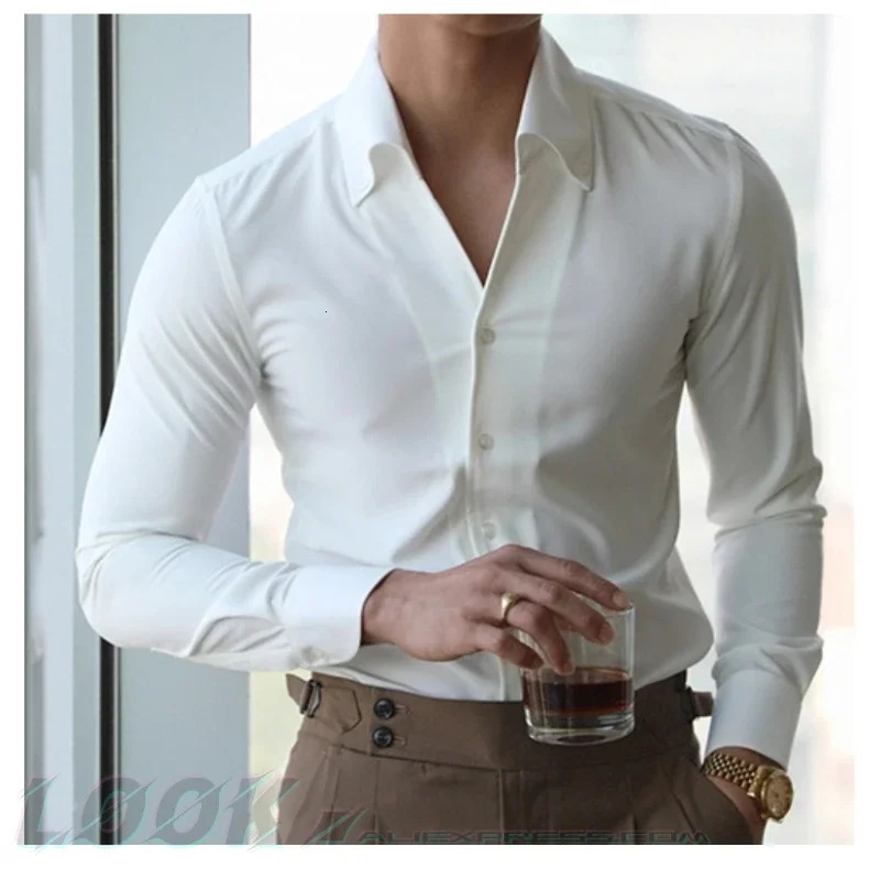 Italiaans overhemd voor heren, kreukvrij, casual, modieus, slimfit met revers, n ed Clothing Jeugd 260109