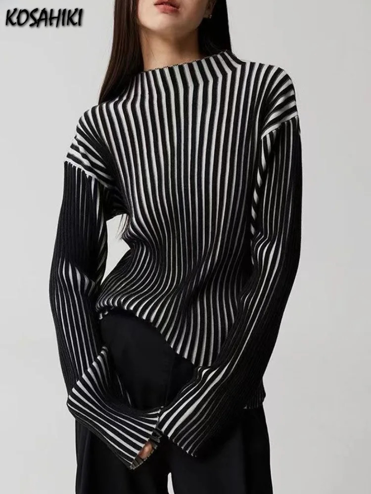 Vintage Casual Half Turtleneck Sweaters Y2k Contrast Color Striped Pullover Fashion Loose Women Knitted Jumpers Harajuku Sueter 260109BJ
