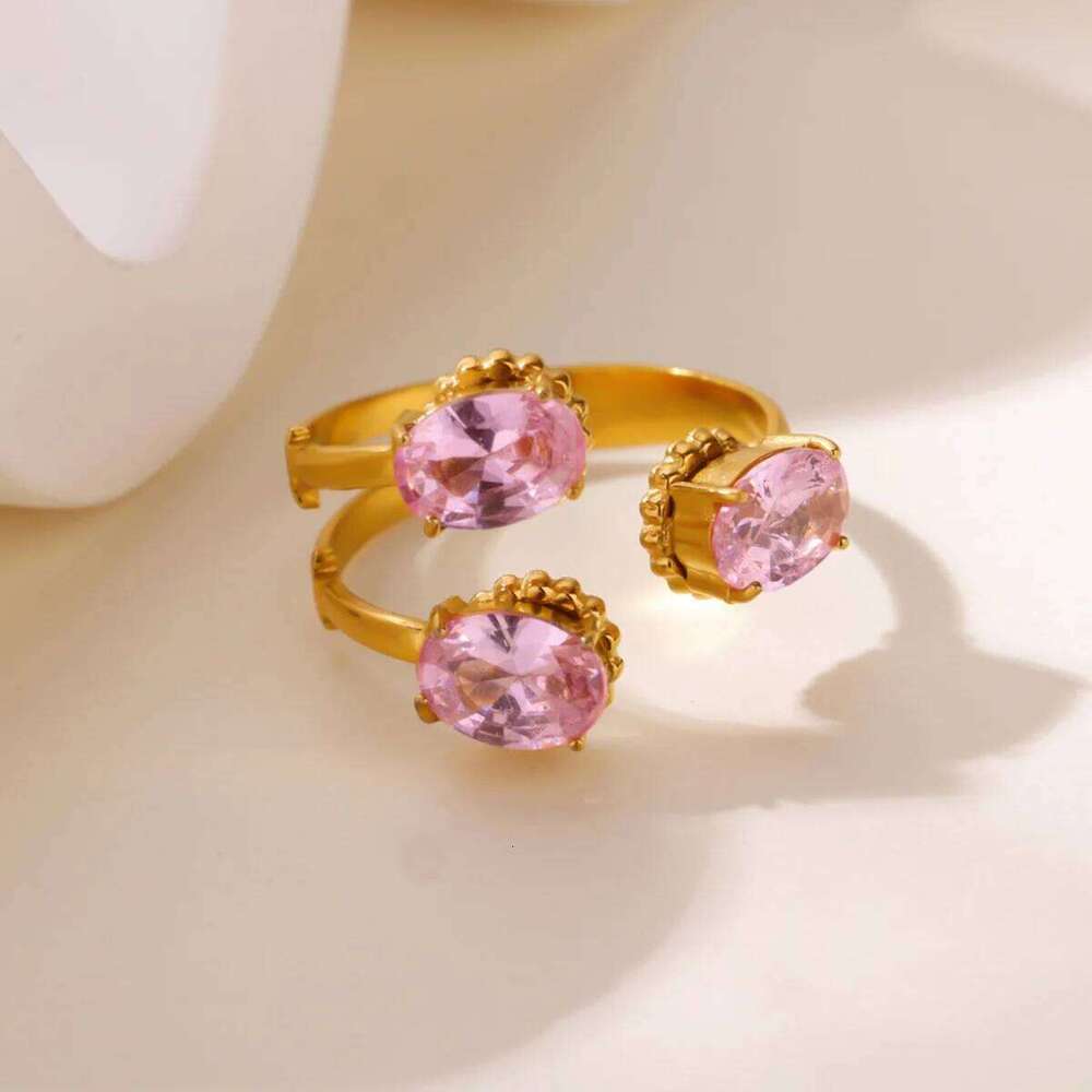 Pink Zircon Oval Rings For Women Men Gold Color Stainless Steel Three Layered Ring Wedding Luxury Jewelry Party Gifts Bague 60e3c