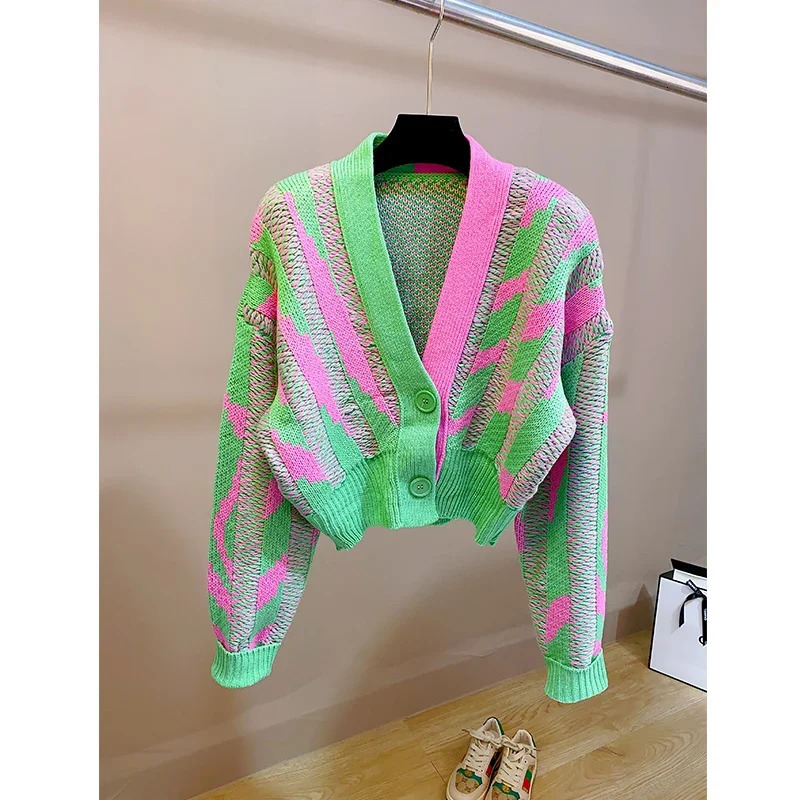 Women Color Block Green Crop Cardigan High Street Long Sleeve Knit Top Sweater Autumn Winter Korean Dongdaemun Fashion Trends 260109