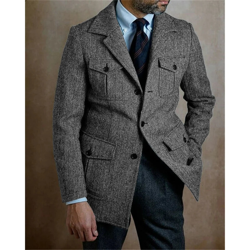 Mens Herringbone Jacket Single Breasted Casual Business Steampunk Stage Suit Jackets Suite for Man in Suits and Blazers 260113