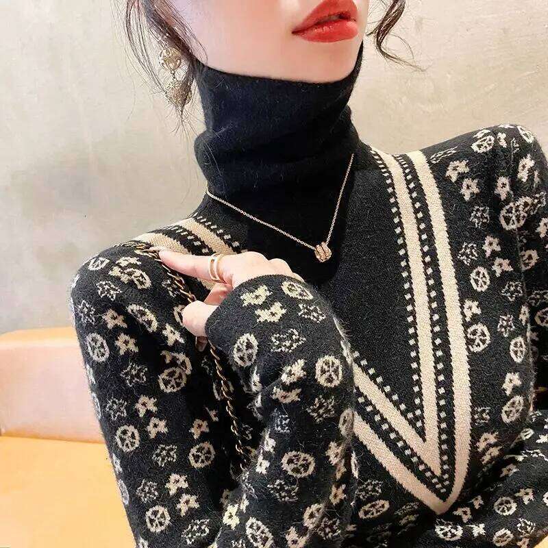 Free ShippingWomen Clothing Elegant Fashion Designer Fashion Turtleneck Knit Pullovers Autumn Winter Vintage All-Match Long Sleeve Slim Sweaters Chi