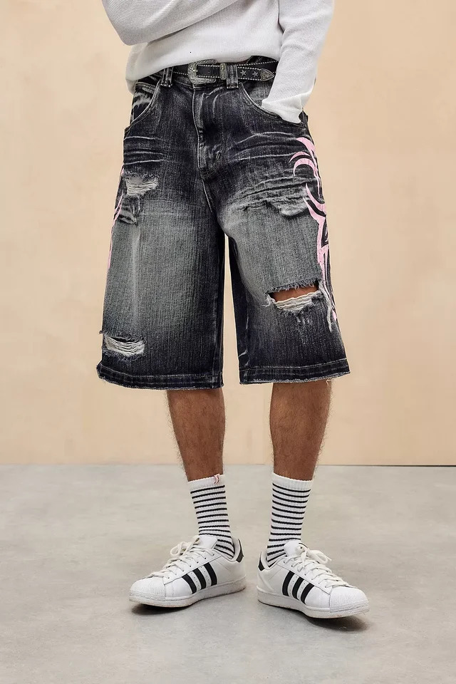 American Retro Gothic Women Denim Shorts Pattern Embroidery Loose Unisex Y2K Printing Korean Casual Fashion Couple 260114