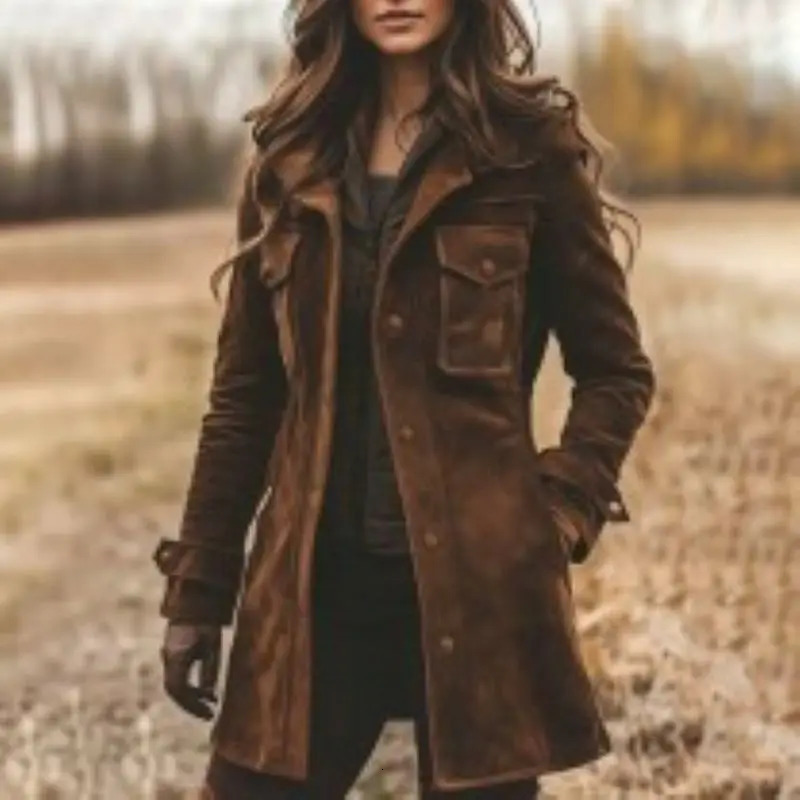 2025 Womens Vintage Suede Lapel Collar Mid Length Coat Jacket Classic Retro Trench Style Autumn Winter Warm Fashion Outerwear 260114