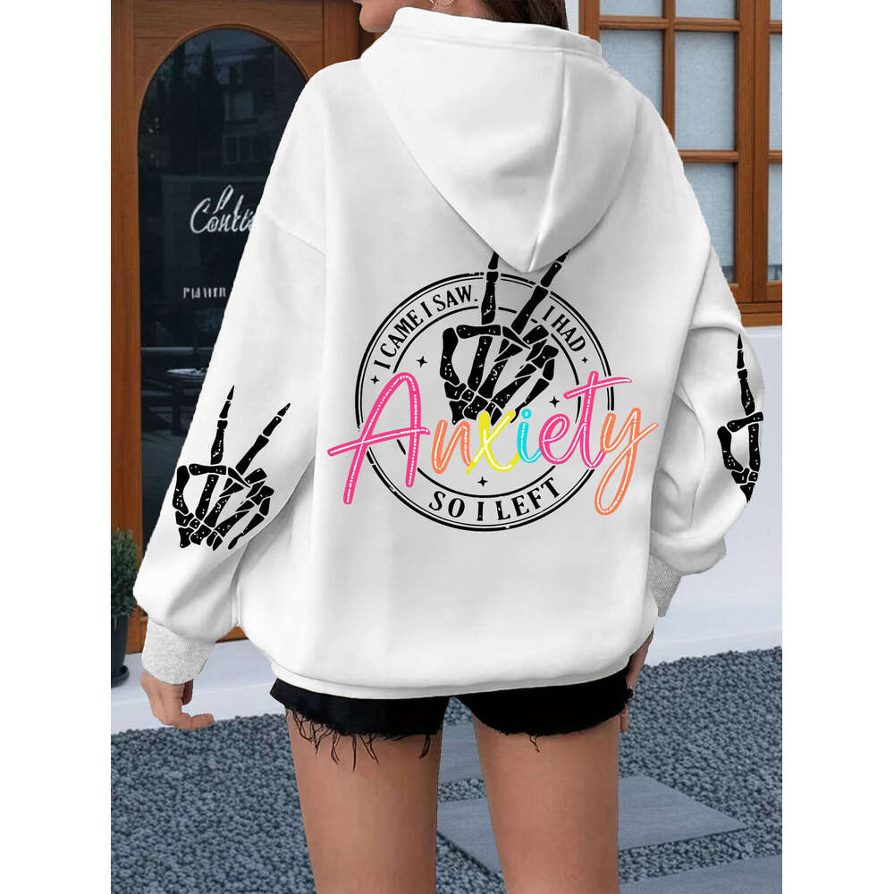 New DesignWomen 's Plus Size Casual Hoodie Skeleton Hand & Letter Print, Long Sleeve Pullover With Drawstring, Kangaroo Pocket, 100% Polyester,