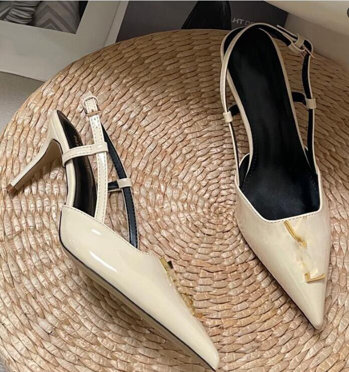 Latest Womens Dress Shoes Black Leather Square Pointed Toe Slingback Pumps Stiletto Sandals 8cm Top quality Women Designer Classics Buckle Evening P