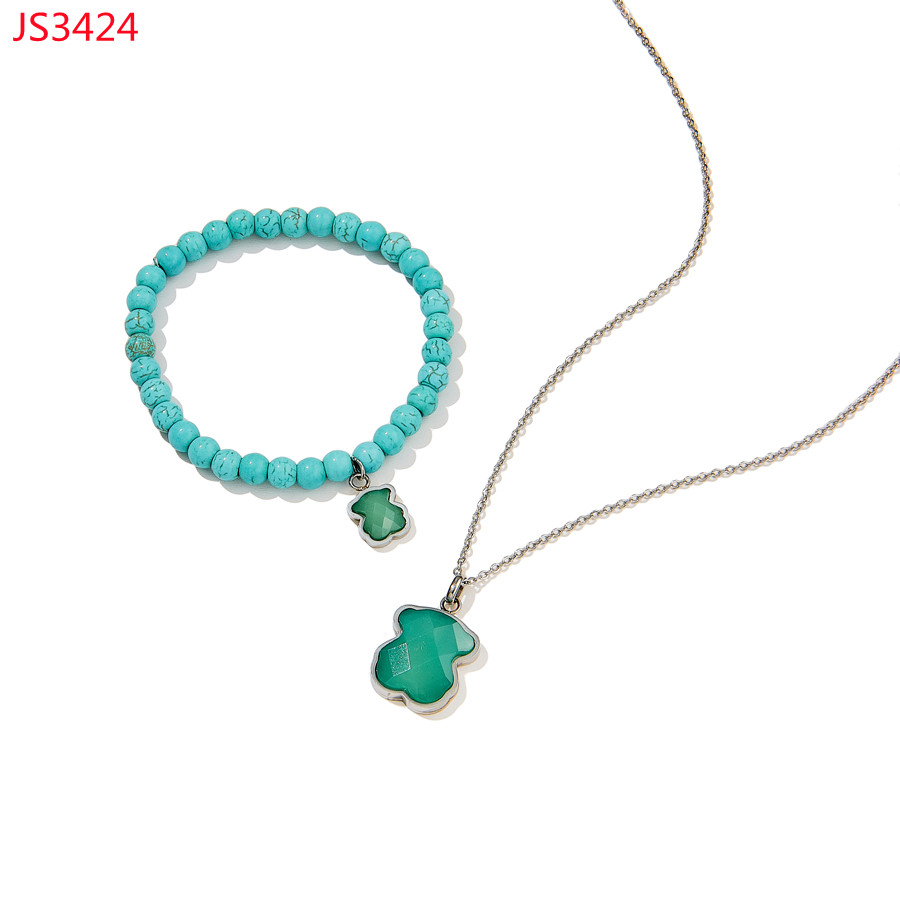 Hot Sale Fashion Women Girls Men Silver Gold Stainless Steel Span Bear Cartoon Animal Square Circle Blue Pink Red Green Bead Bracelet Pendant Ear-image-1091929322