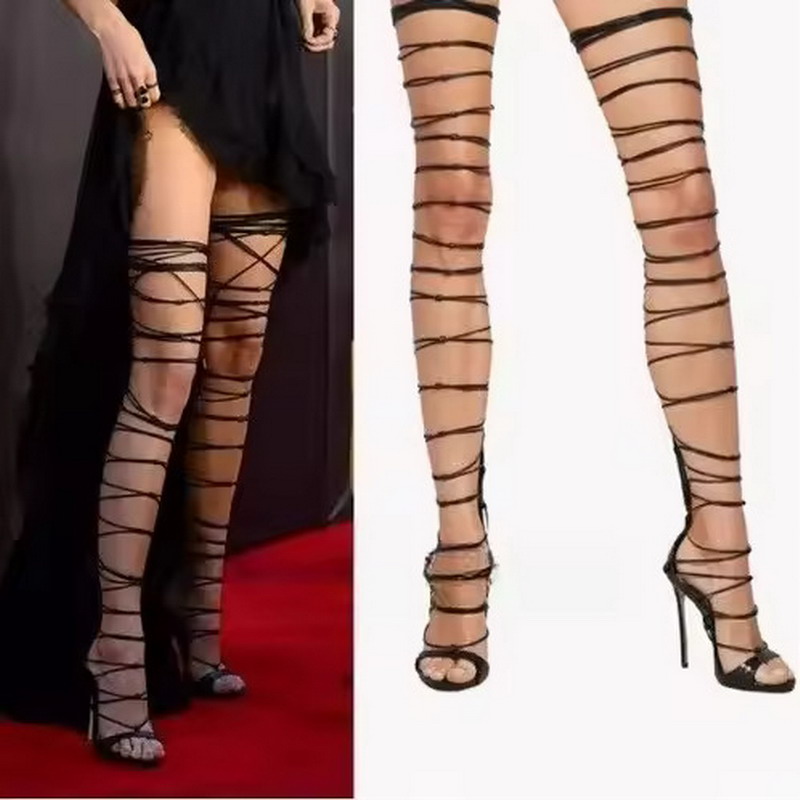 Summer Women Cross-Ties Thigh High Boots Open Toe Cut Out Sexy Cross Strap Over Knee Fashion Show Roman Sandals Women High Heels Shoes Runway Ladies