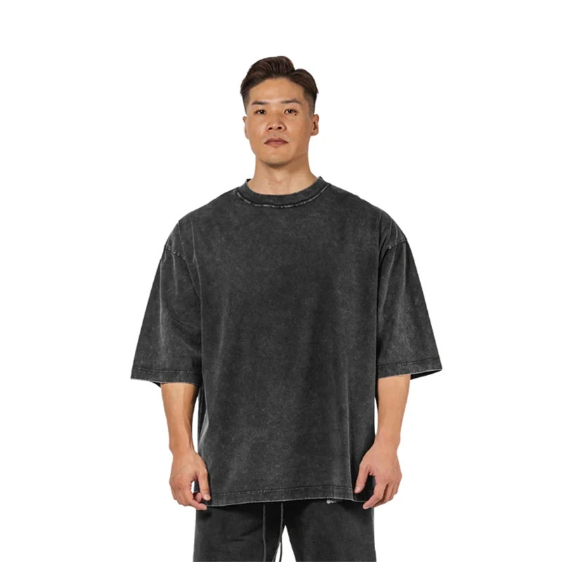 Washed T-Shirt 230G 100Cotton Solid Oversized Loose Fitness Mens Tee Tops Dropped Shoulders Short Sleeve Gym Bodybuilding Shirts 260109BJ
