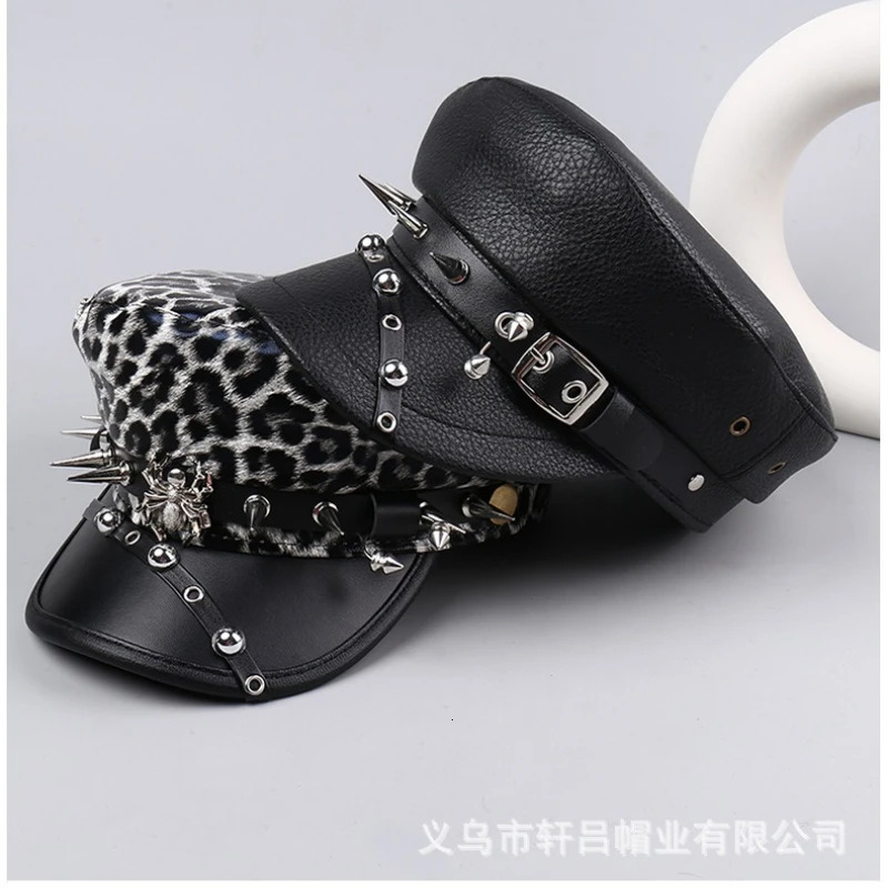 Vintage Leather Beret Hat Womens with Leopard Print Silver Rivets Slimming Face Daily Fashion Caps for Oval Round Face 260113 M260804