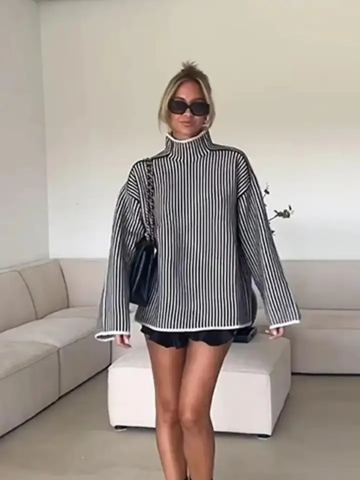 Fall Striped Long Sleeve High Collar Womens T-shirt Base Layer Shirt Korean Style Inner Wear Womens Fashion Polyester 260112BJ
